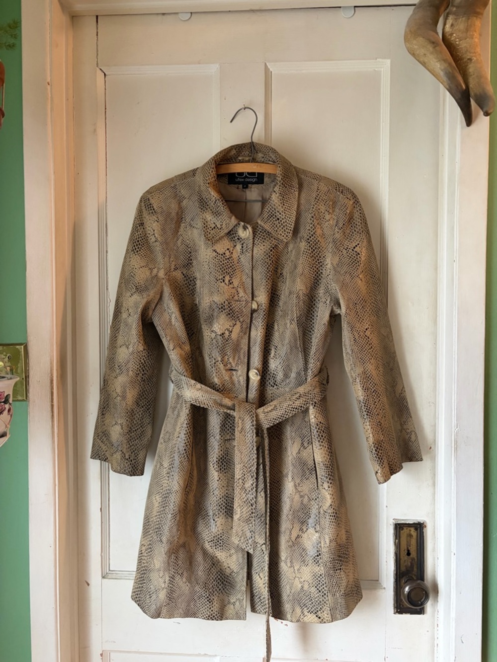 Snake-Print Belted Leather Trench Coat by Utex Design Vintage Y2K 90s
